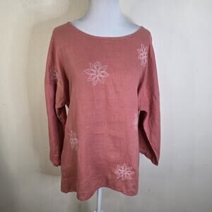 Terzo Millennio Italy Women' Dark Salmon Women's Embroidered Linen Tunic Shirt S